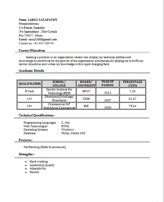 Resume format for fresh mechanical engineers